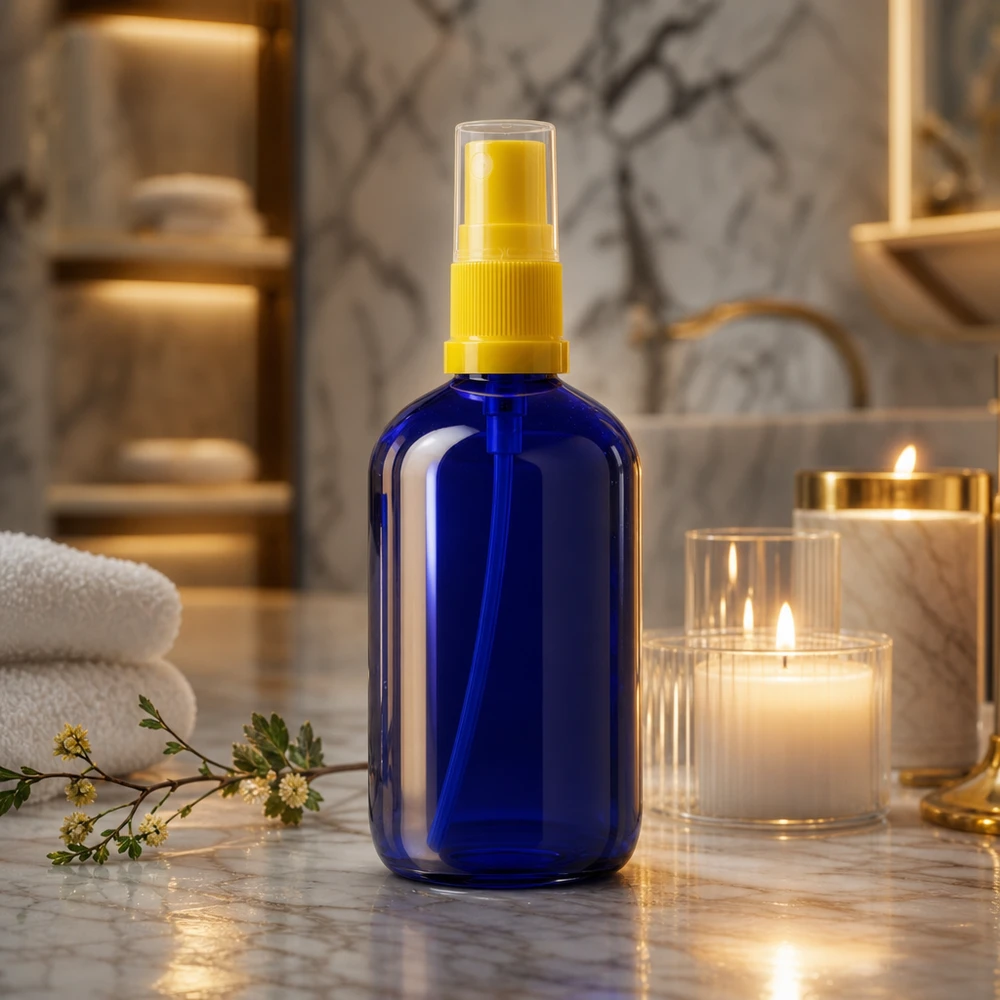 Flesje van 100 ml van blauw apothekersglas met een gele vingerpomp voor ruimtesprays en tonica’s