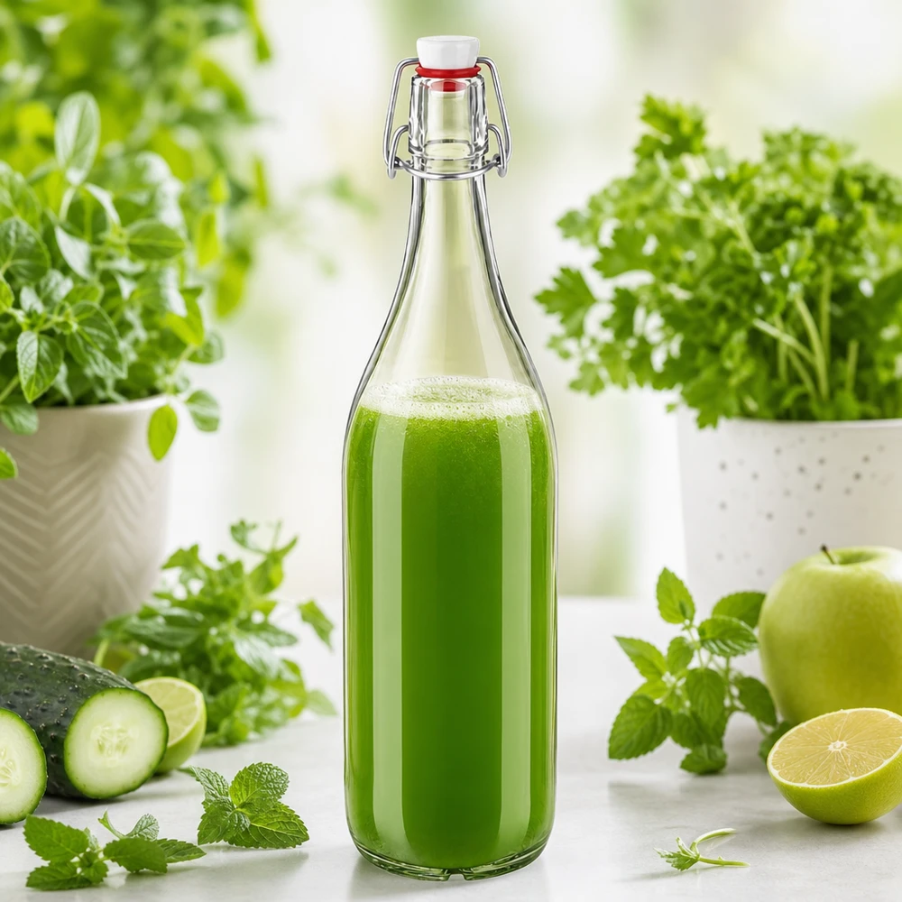 1000ml glazen fles PVC draaidop gevuld met groene smoothie omringd door verse kruiden en groenten