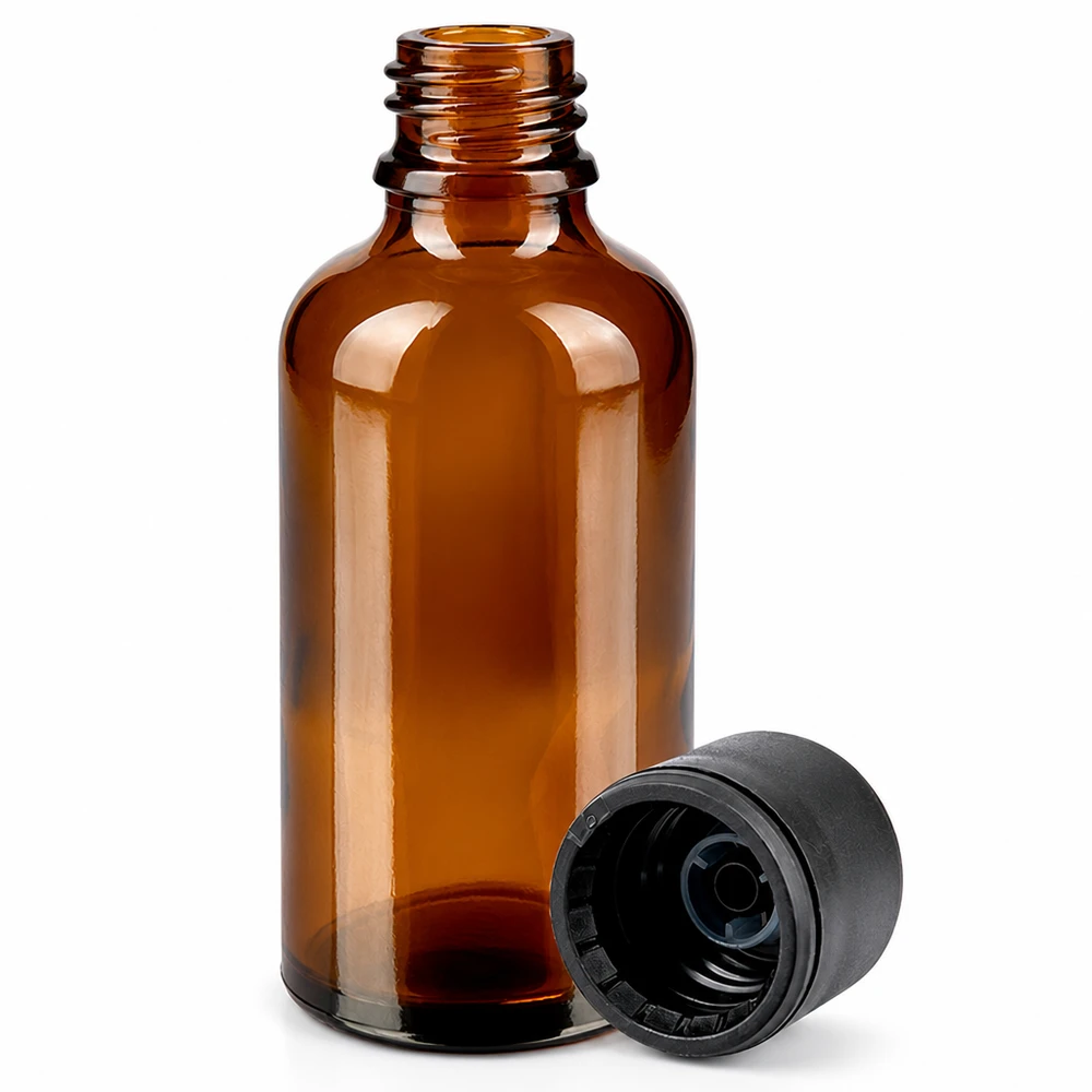 30ml fles 6mm SV zwart STD BrownLine UT18/30 Compacte amberkleurige glazen fles 30ml met strakke zwarte sluiting