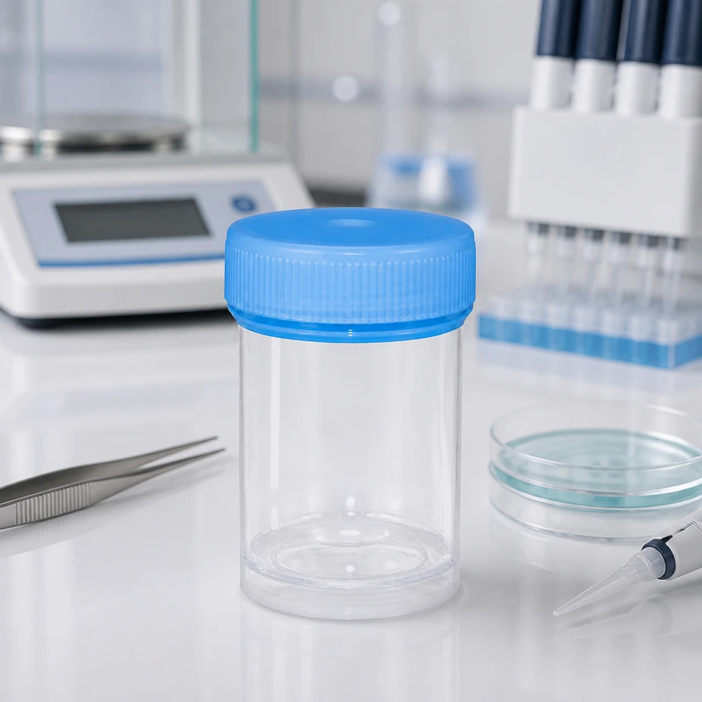 Universele kunststof pot (pathologie pot) 35ml Medische monsterhouder van 35 ml, gemaakt van BPA-vrije kunststof, met een blauwe afsluitdop
