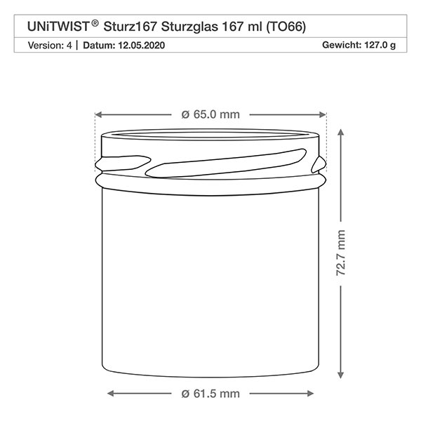 167ml beker zonder deksel (TO66) UNiTWIST UNiTWIST Sturz167 Sturzglas 167ml TO66 technische tekening met afmetingen diameter 65mm hoogte 72,7mm gewicht 127g
