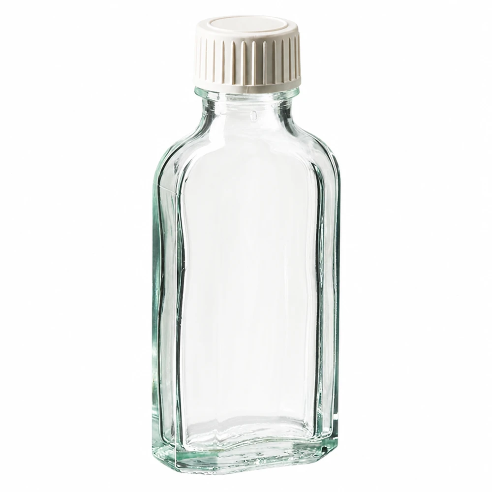 50 ml witte meplatfles met DIN 22 monding, inclusief schroefsluiting DIN 22 wit van PP met PE-schuiminzetstuk Hoogwaardige glazen fles van 50 ml met een afgeplatte Meplat-vorm en een veilige schroefdop