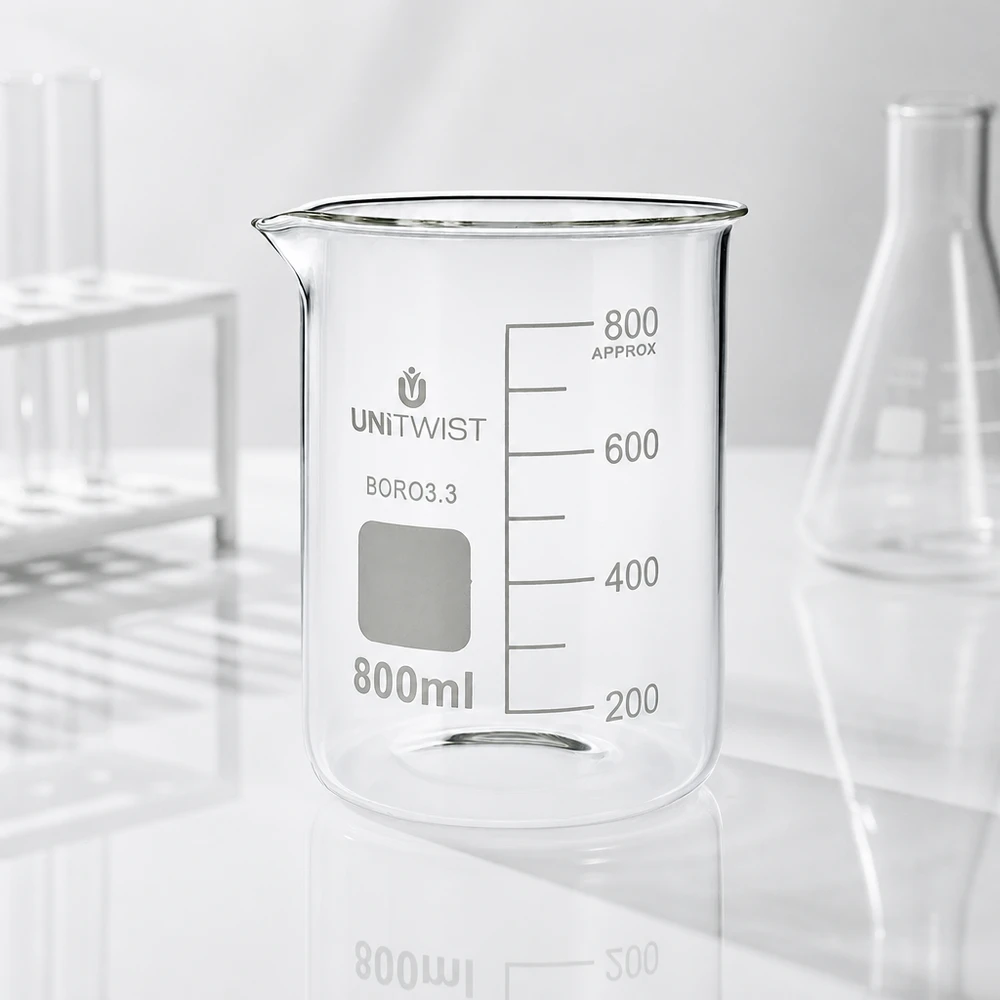 Beker 800ml borosilicaat, lage vorm UNiTWIST Doorzichtig bekerglas 800 ml, borosilicaat 3.3, laag model met geëtste ml-schaalverdeling UNiTWIST