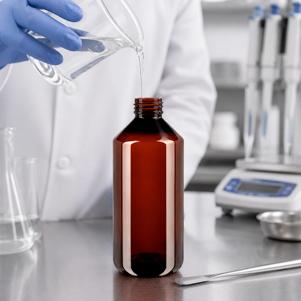 50 ml PET medicijnfles met verstuiver zwart GCMI 28/410 incl. dop transparant, standaard Braune PET Kunststoffflasche 1000ml mit engem Schraubverschluss und glatter zylindrischer Wandung