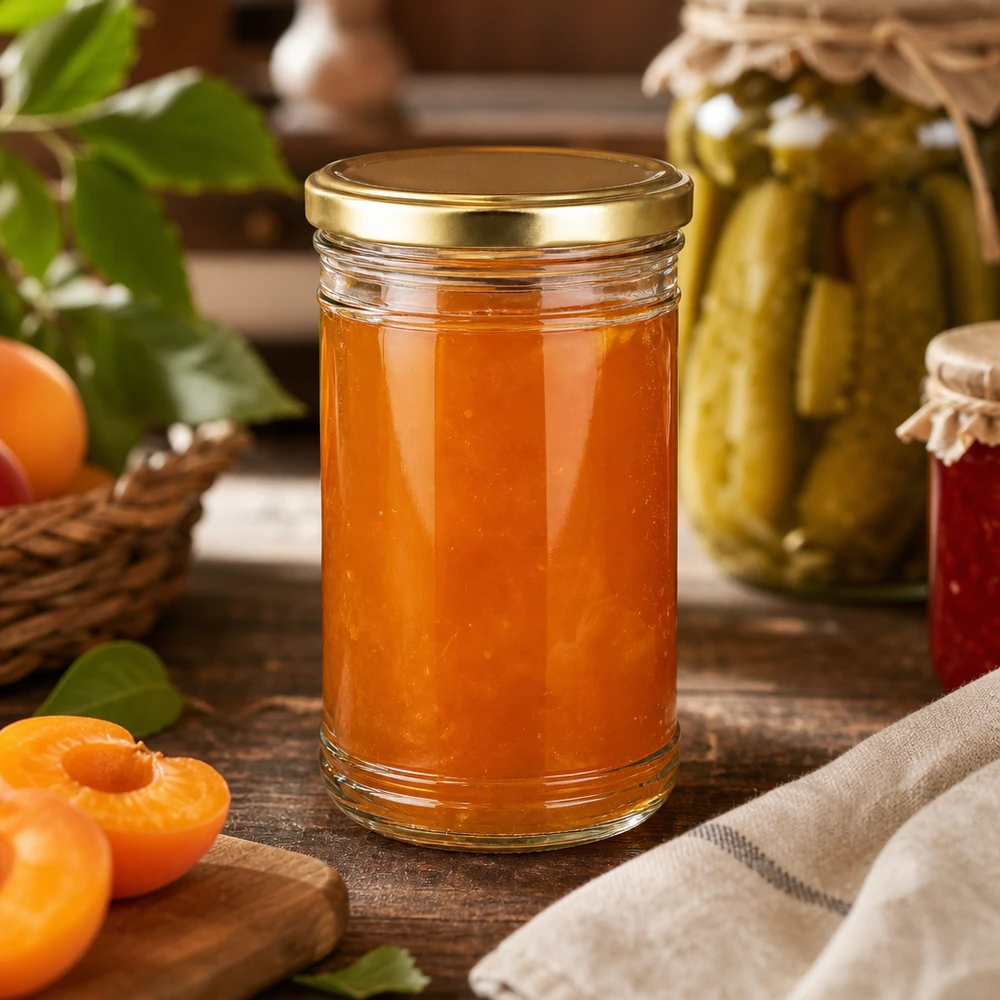Zelfgemaakte abrikozenjam in een pot van 1053 ml met een gouden deksel in een rustieke keuken met weckpotten