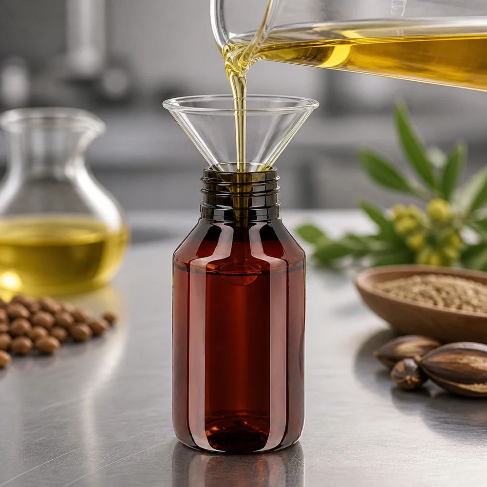 PET fles 50ml met ontgassingsdop rood Het vullen van een stevige ronde PET-fles van 50 ml met ontgassingsdop in een professionele omgeving