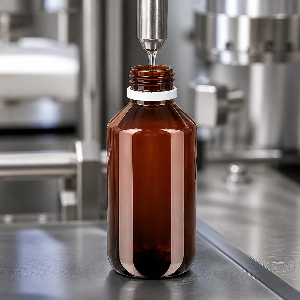 PET-fles 200ml met wit geribbeld OV Lichtbeschermende fles van 200 ml, gemaakt van kunststof, met een verzegelde sluiting in een industriële omgeving