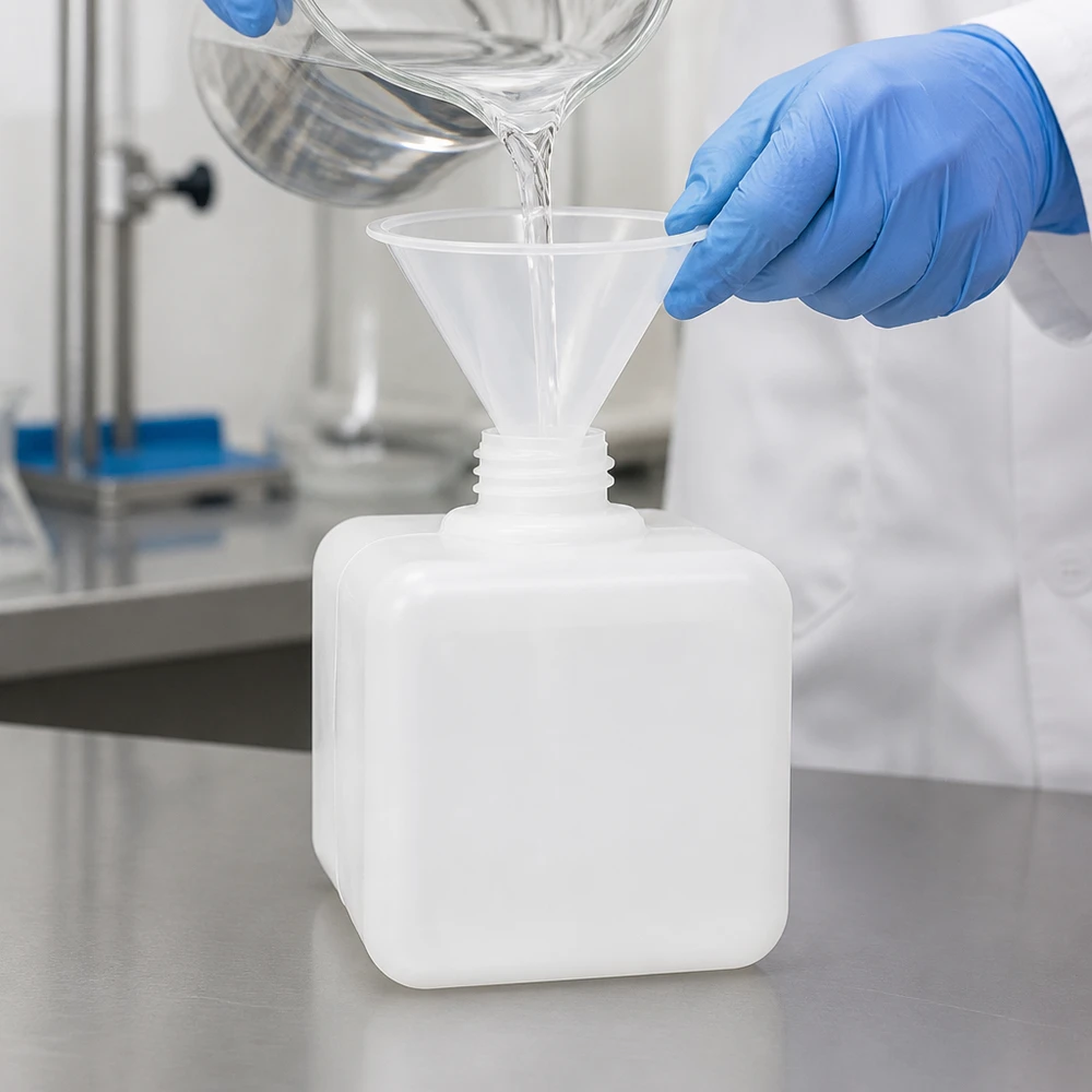 Veilig overgieten van laboratoriumvloeistoffen in een PE-HD-chemiefles van 500 ml met GL32-draad, met beschermende handschoenen