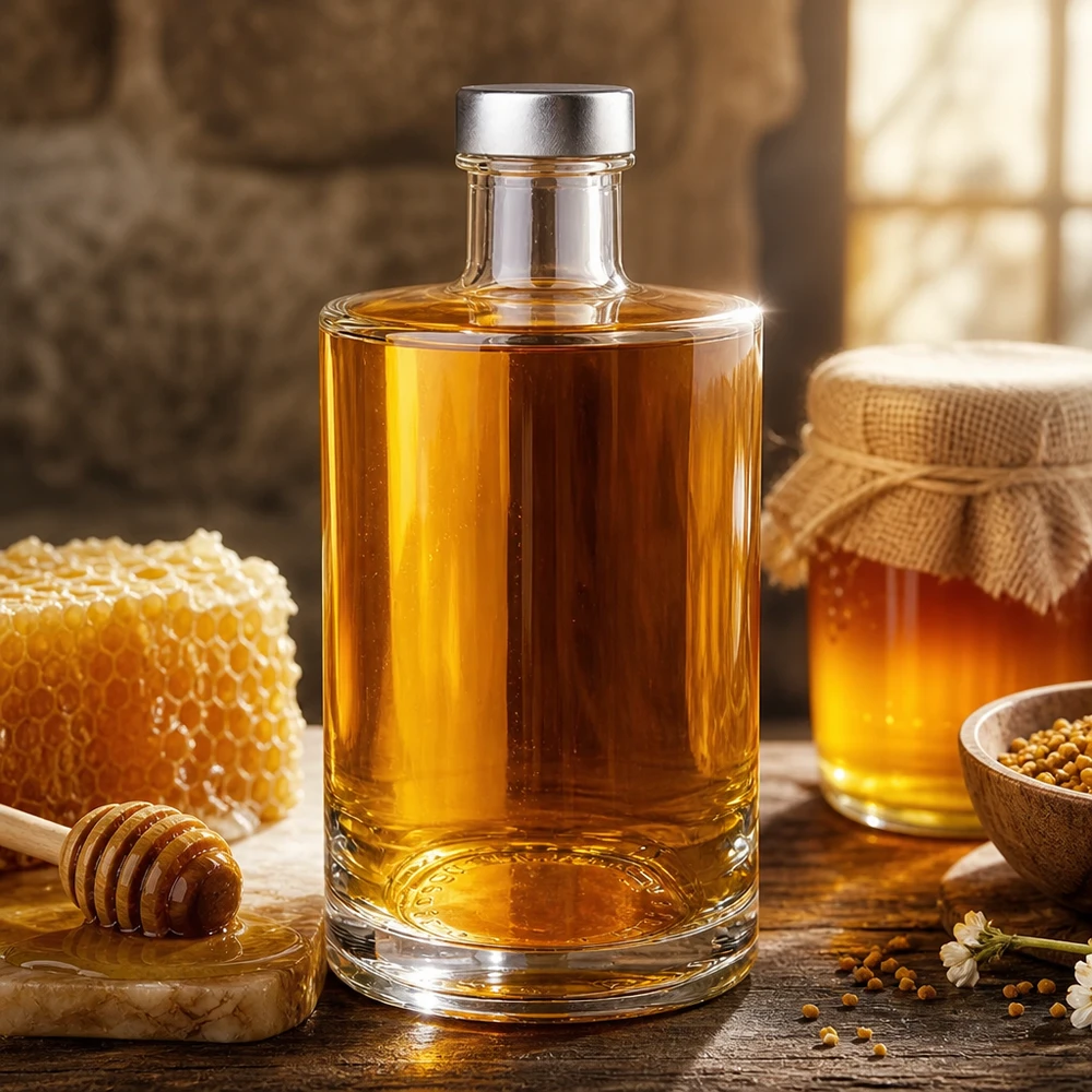 375ml glazen fles Sam gevuld met gouden honing naast honingraat en honingpot - sterke drankfles met schroefdop