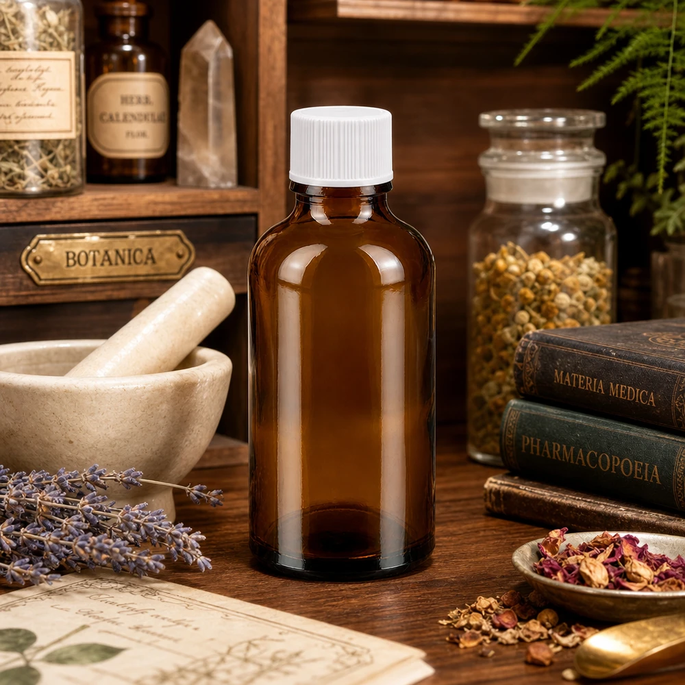 Klein 50ml amberkleurig glazen flesje met UT18 draad ideaal voor doe-het-zelf cosmetica en natuurlijke remedies