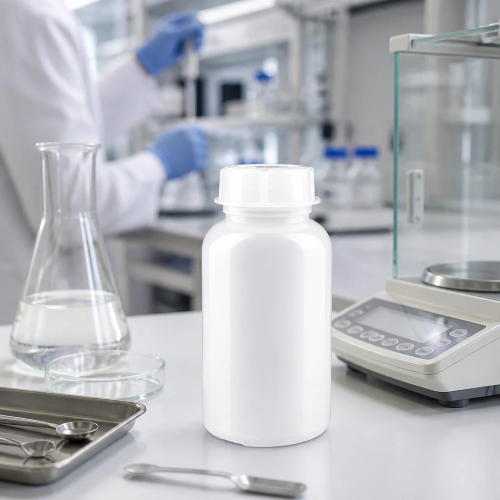 Wijde hals laboratoriumfles 500ml met sluiting Robuste 500ml Laborflasche mit Schraubverschluss neben Präzisionswaage und Laborbesteck