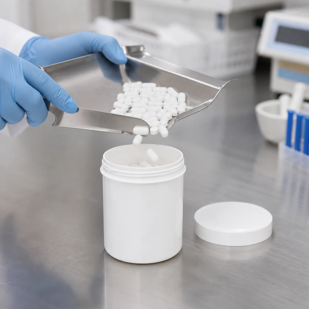 Zalfpot 10 g wit met schroefdeksel wit (PP) Het vullen van een wit PP-potje van 10 g met farmaceutische capsules in het laboratorium