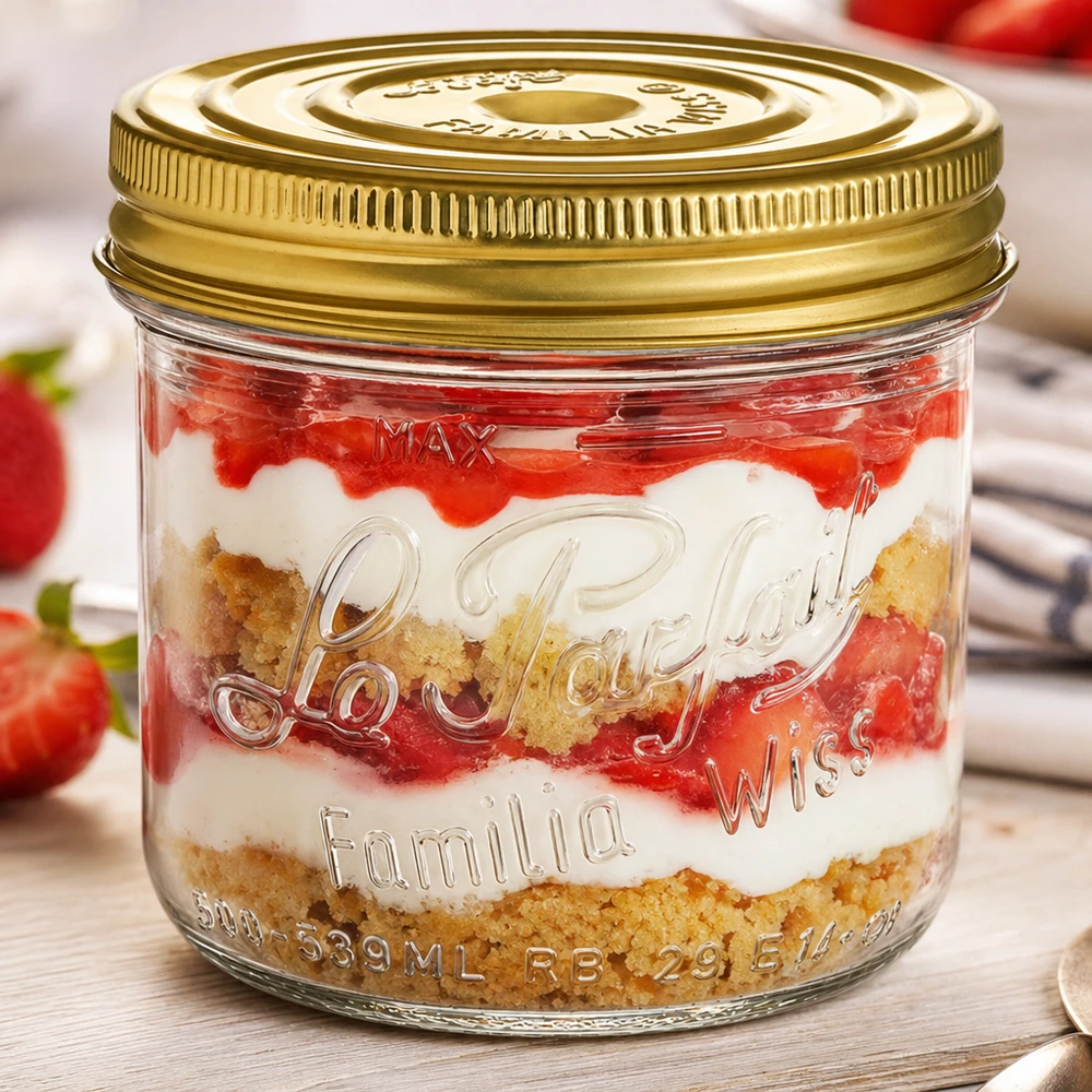 Familia Wiss 539 ml bekers met gouden schroefdeksel en dessertlaagjes van aardbeien en biscuitbodem