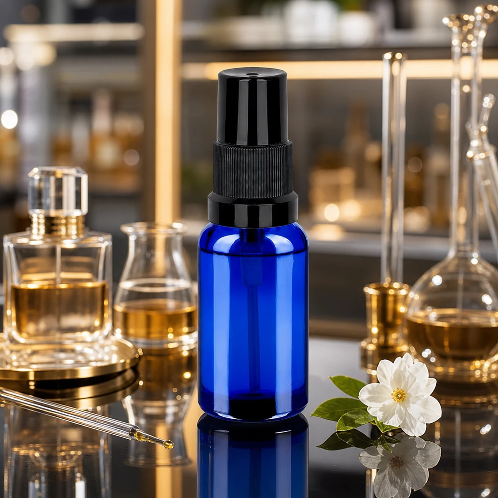 Veelzijdige 20ml glazen sprayflacon STD BlueLine met zwarte pompverstuiver voor parfums en geuren