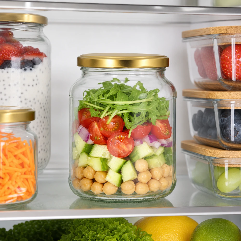 370 ml ovale pot BasicSeal deksel goud in de koelkast met gelaagde salade - UNiTWIST voorraadpot voor meal prep