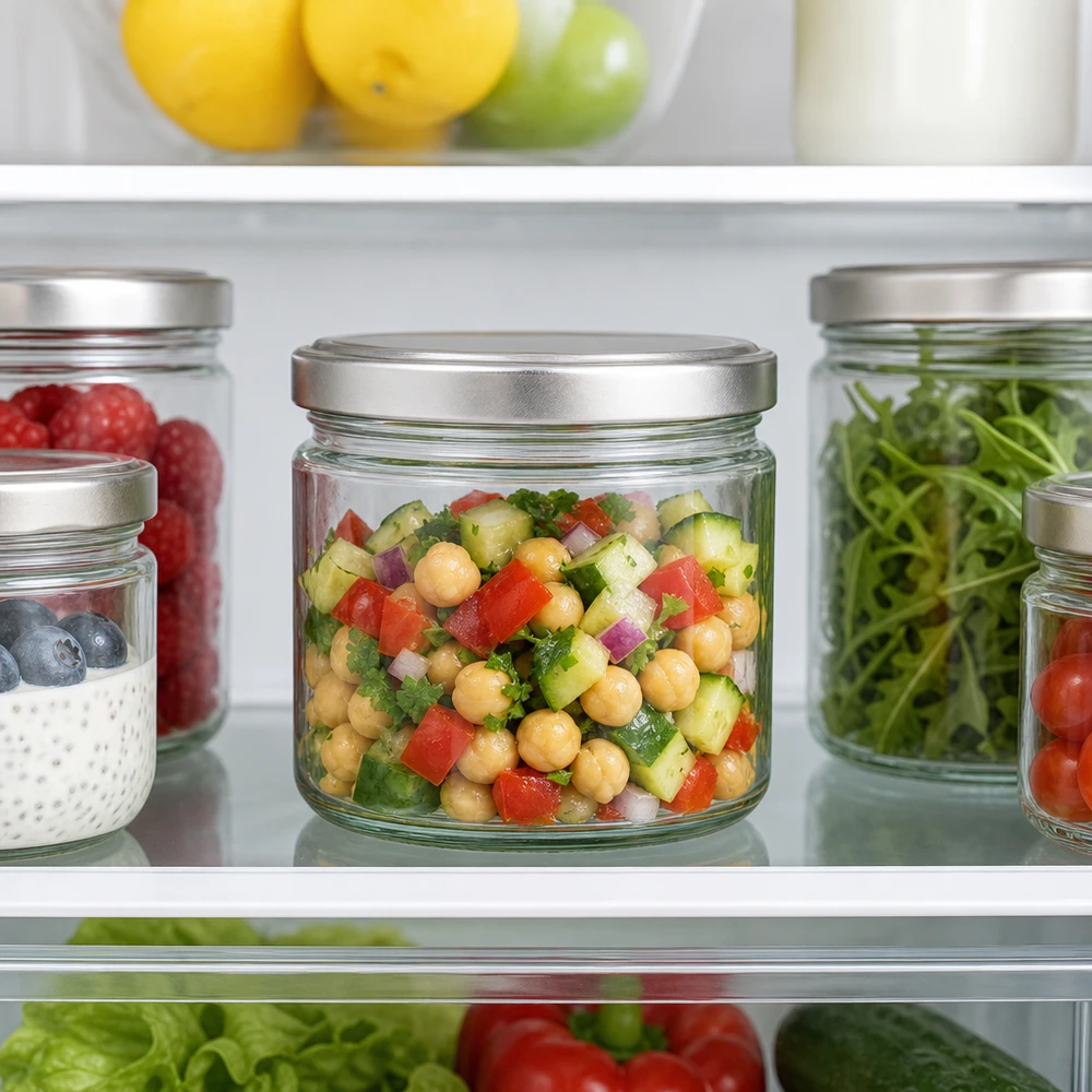 330 ml ronde pot met BasicSeal deksel in de koelkast gevuld met kikkererwtensalade naast andere voorraadpotten