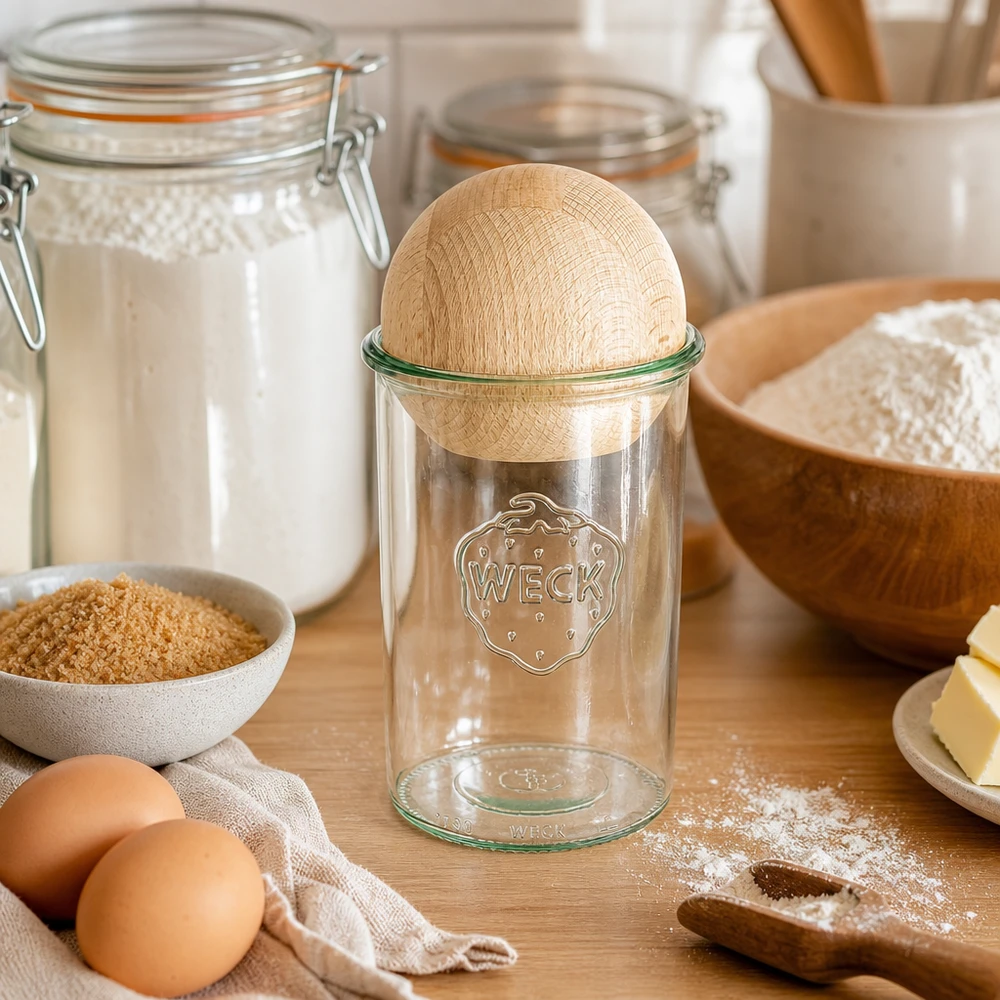 WECK 1000ml RR100 metselpot met beukenhouten deksel in bakingrediëntenschikking met bloem, eieren en inmaakpotten