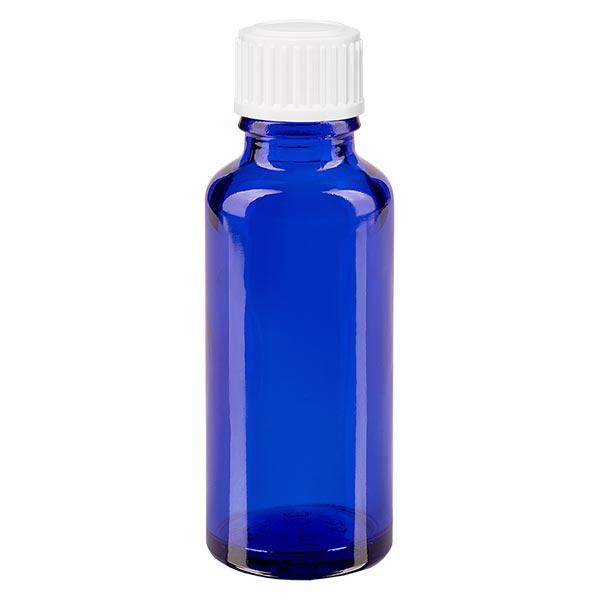 Blauwe glazen flessen 30ml met wit schroefsluiting St Blauwe glazen flessen 30ml met wit schroefsluiting St