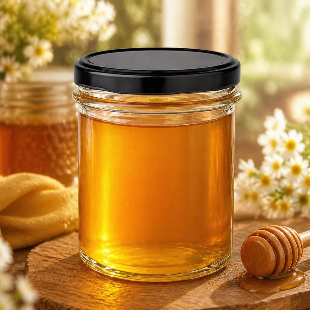 230ml mason jar met zwart deksel gevuld met gouden honing naast honinglepel op houten plank natuurlijke decoratie