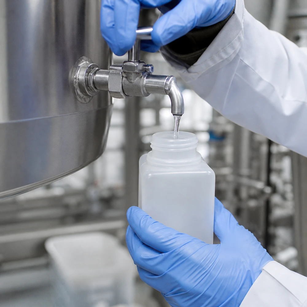 Industriële bemonstering uit een roestvrijstalen reservoir in een robuuste PE-HD-chemiefles van 20 ml met smalle hals