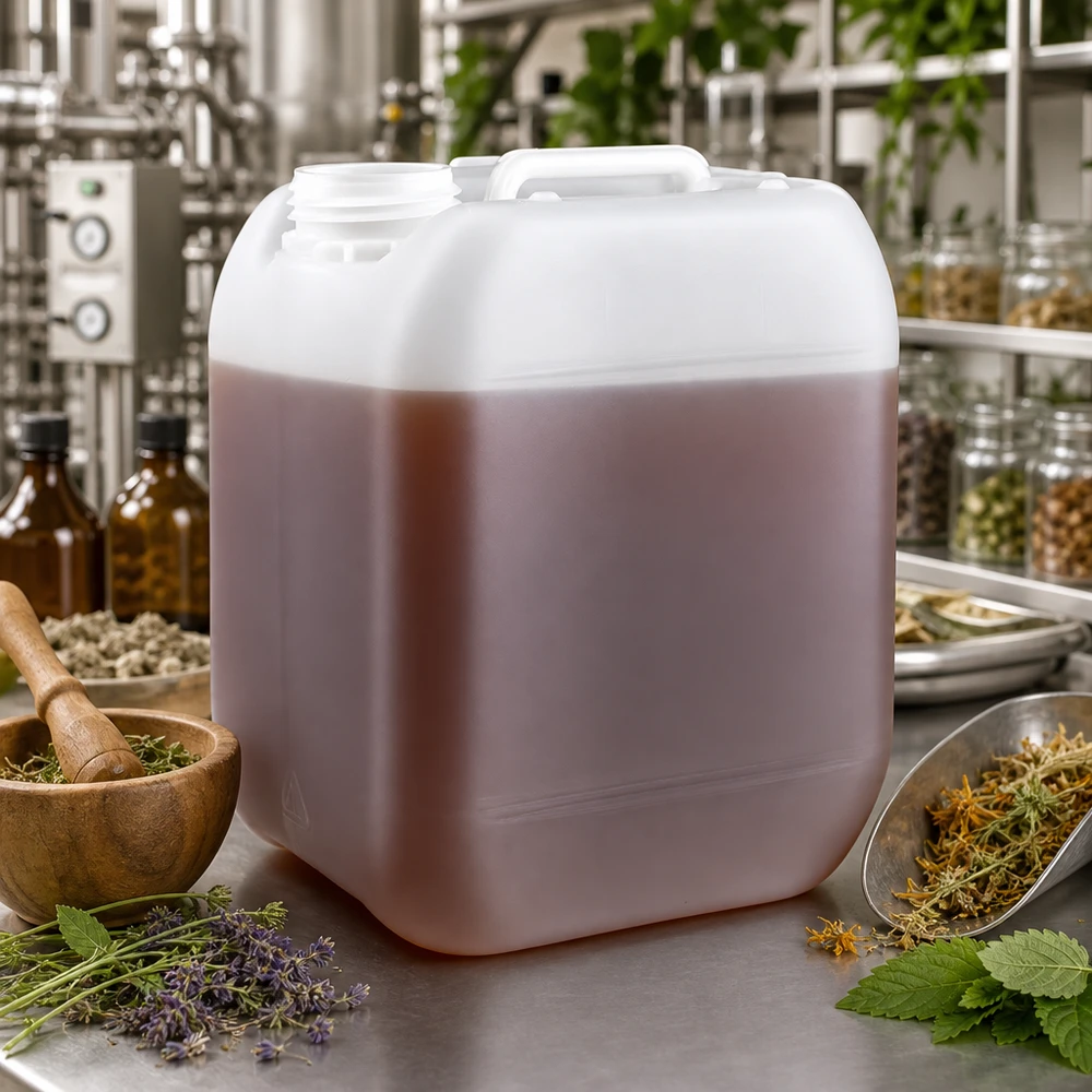 Canister van 5 liter zonder dop, gevuld met plantenextract in een professioneel kruidenatelier