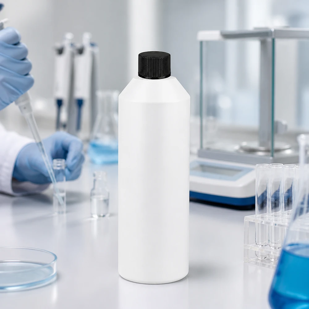 Voor apotheken geschikte HDPE-kunststof fles van 250 ml in wit met een zwarte schroefdop