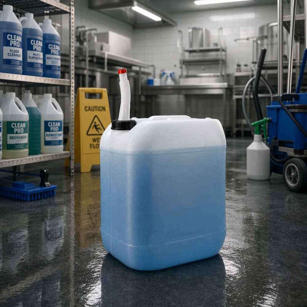 Gevulde jerrycan van 20 liter met flexibele schenktuit naast de rekken met schoonmaakmiddelen