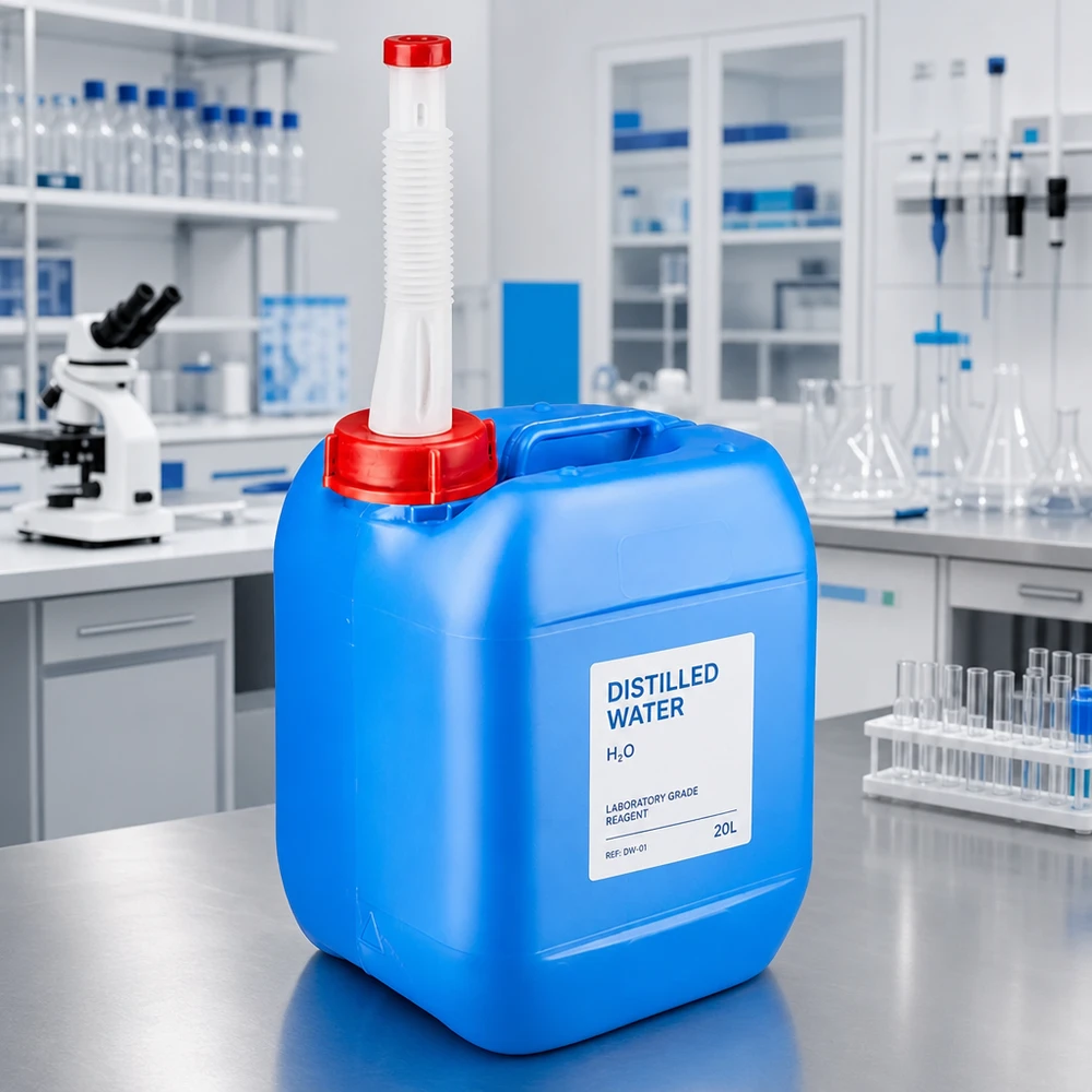 Laboratoriumkan van 5 liter in blauw met flexibele schenktuit voor gedestilleerd water H₂O