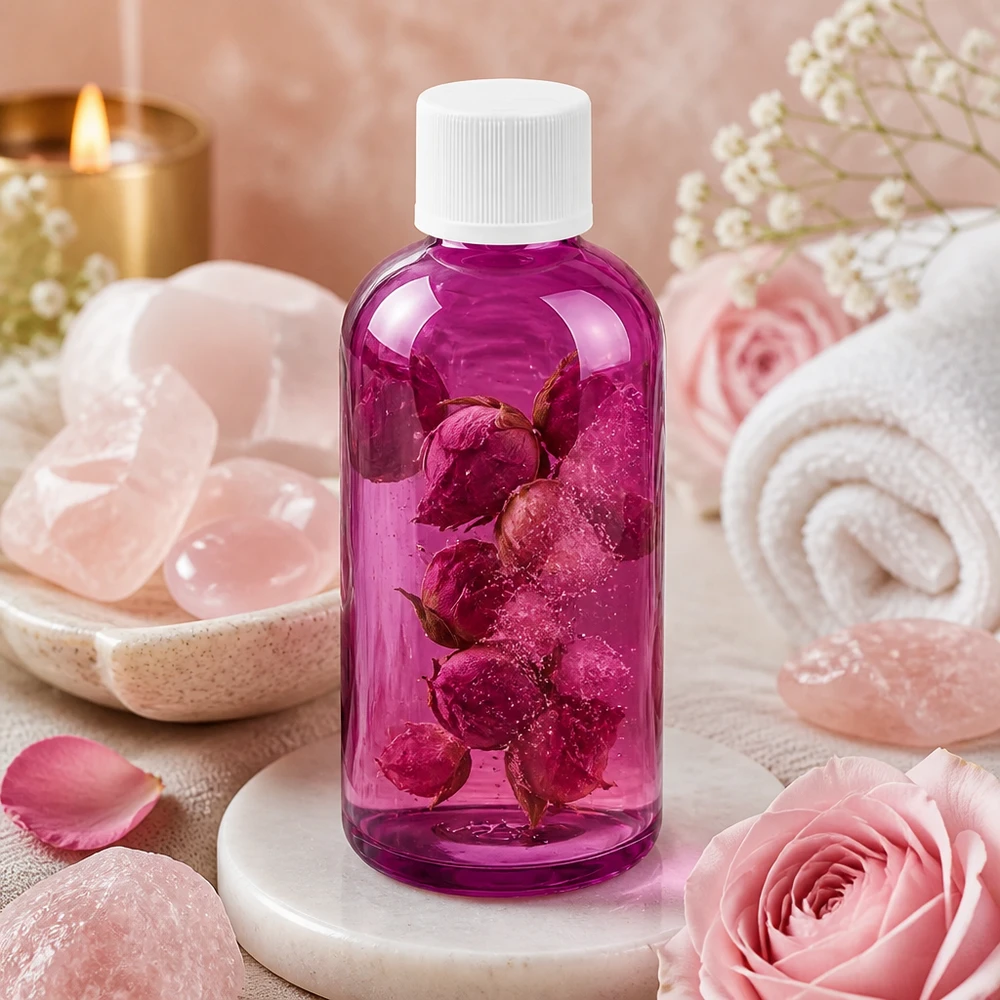 Compacte fles van 100 ml in een elegante paarse kleur met een praktische witte dop voor dagelijks gebruik