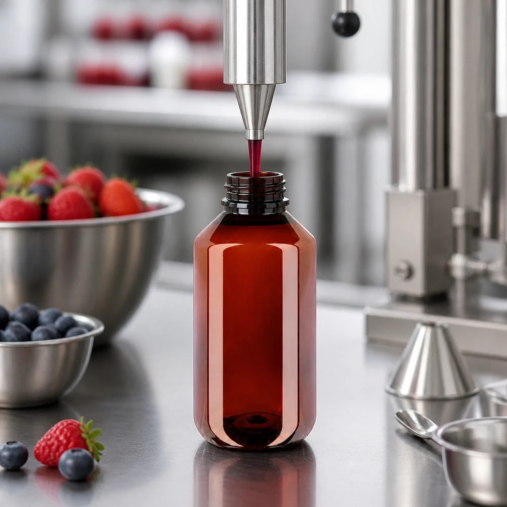 Bruine, lichtwerende PET-fles van 100 ml voor voedingssupplementen in de productielijn