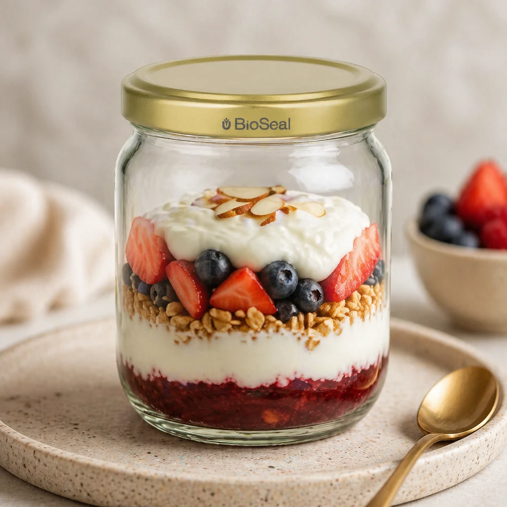 500g BioSeal honingpot als ontbijtpot met yoghurt bessen muesli gelaagd dessert en gouden lepel