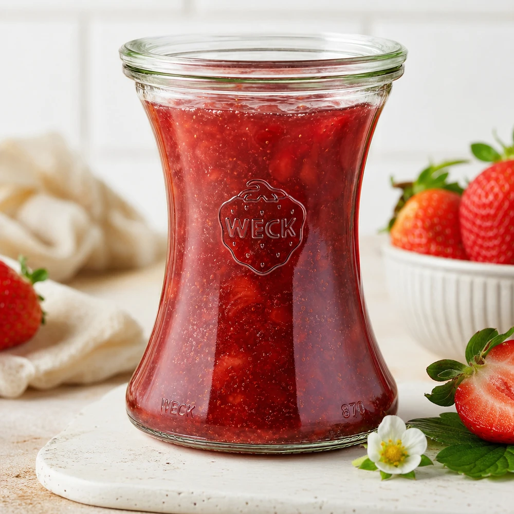 WECK delicatessenpot 370ml RR80 met huisgemaakte aardbeienjam op een marmeren bord omringd door verse aardbeien