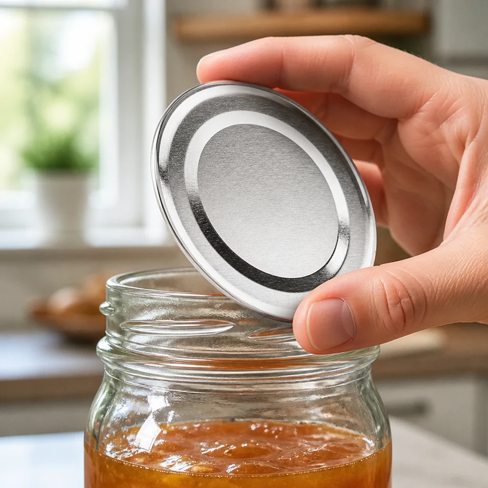 48 mm BasicSeal-deksel, zilver (TO48) UNiTWIST Met de hand geplaatst: een zilveren BasicSeal-deksel TO48 van 48 mm op een gevulde inmaakpot