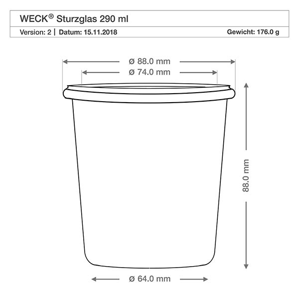 290ml stortglas hoge WECK RR80 met kurk WECK beker 290ml RR80 technische tekening met afmetingen Diameter 88mm Hoogte 88mm Gewicht 176g Specificatie