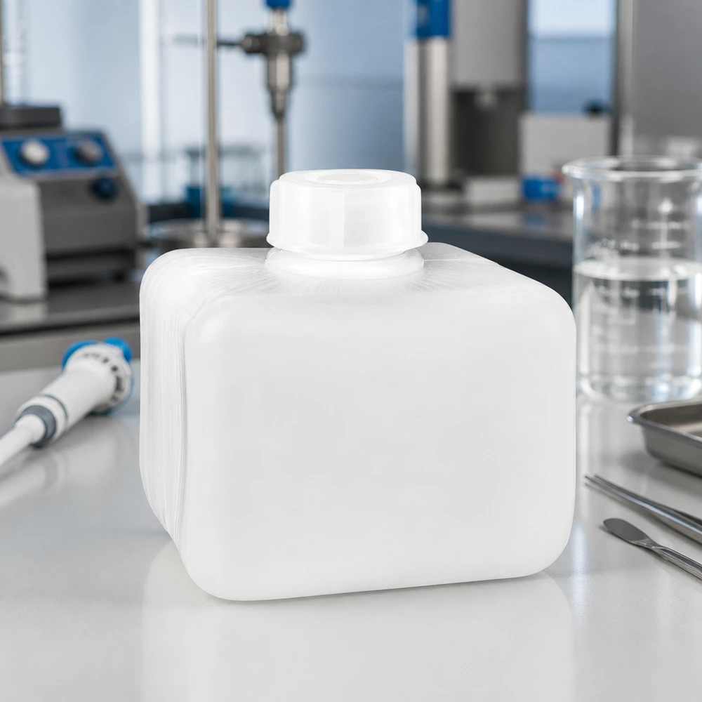Compacte chemische fles van 250 ml, PE-HD, smalle hals, stapelbaar, ruimtebesparend voor laboratoriumrekken