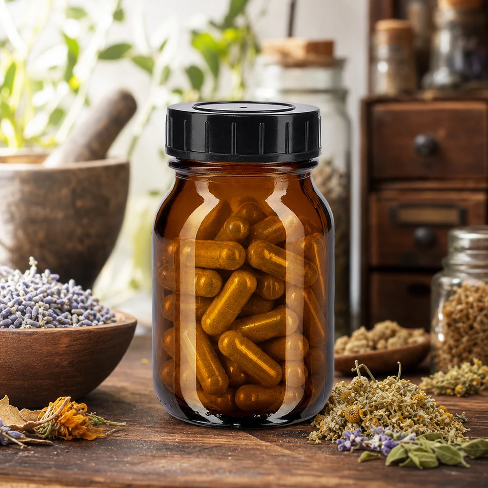 75ml amberkleurig glazen flesje met wijde hals en schroefdop 75ml amberkleurig glazen flesje met wijde hals en schroefdop