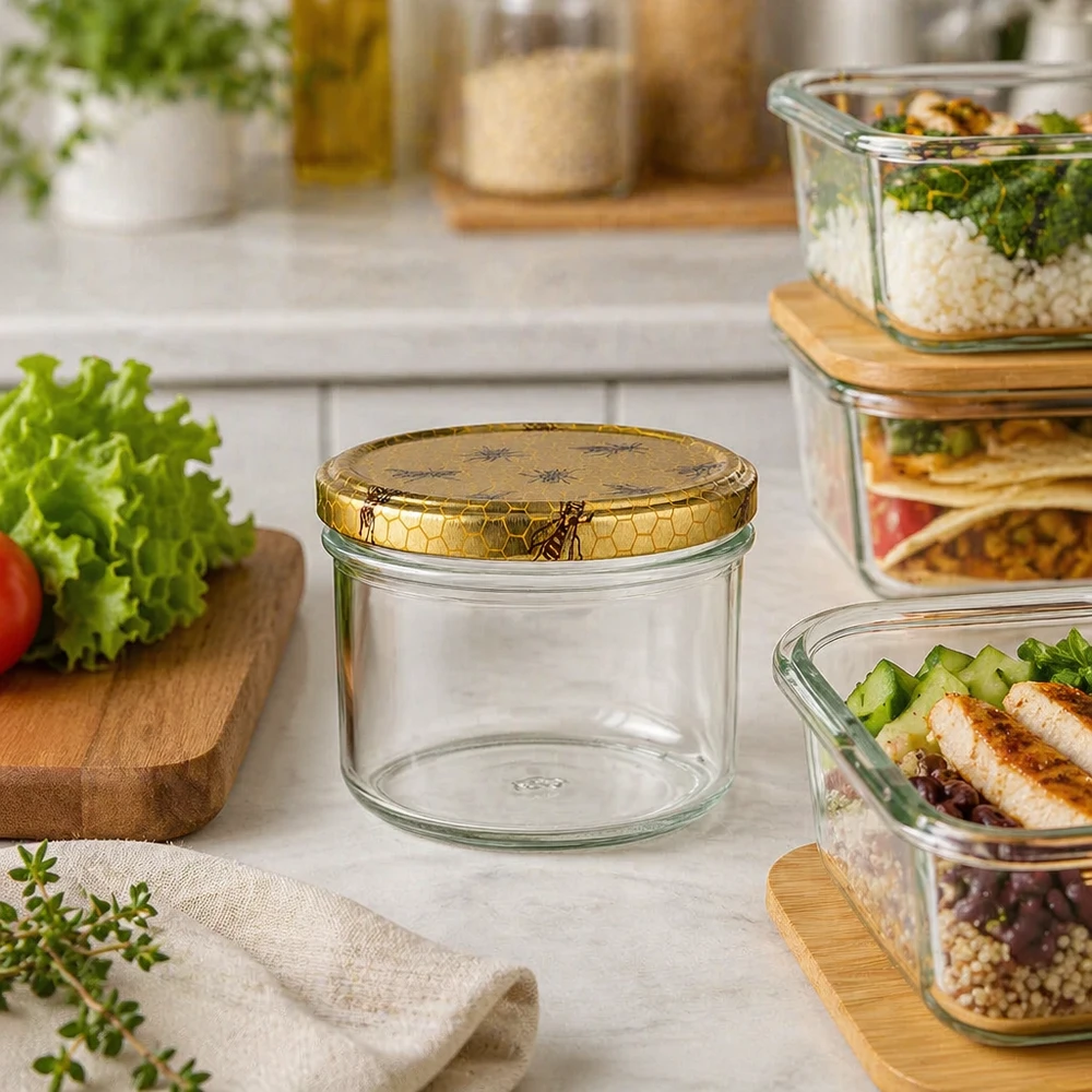 Honingpot 250 g met deksel met honingraatmotief BasicSeal UNiTWIST Honingpot van 250 g met honingraatdeksel in een moderne keuken naast dozen voor maaltijdbereiding en verse ingrediënten