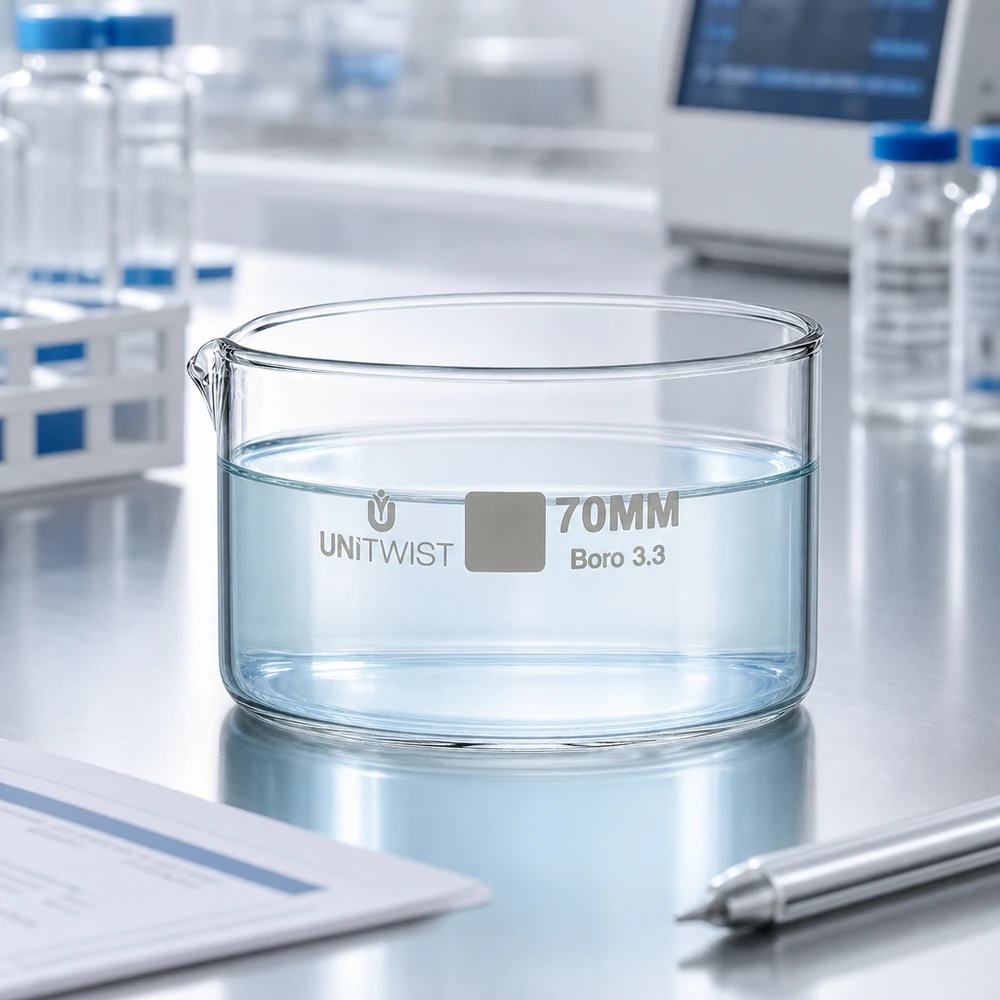 Kristalliseer schaal ø70mm borosilicaatglas UNiTWIST Lage cilindrische laboratoriumschaal UNiTWIST 70 mm van chemisch bestendig borosilicaatglas 3.3