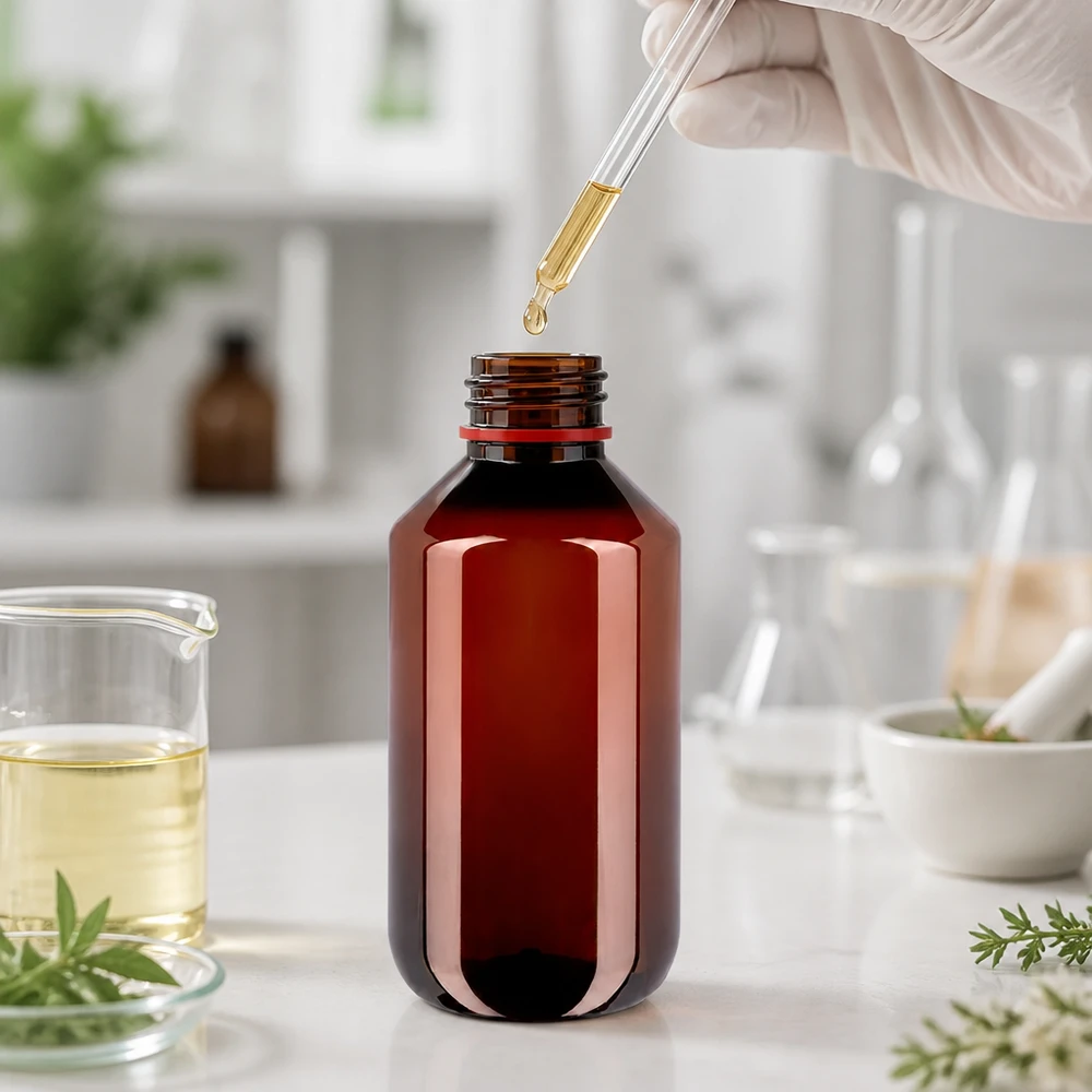 PET-fles 200ml met wit/rode dop OV PET-fles van 200 ml met rode garantring voor natuurextracten en tincturen