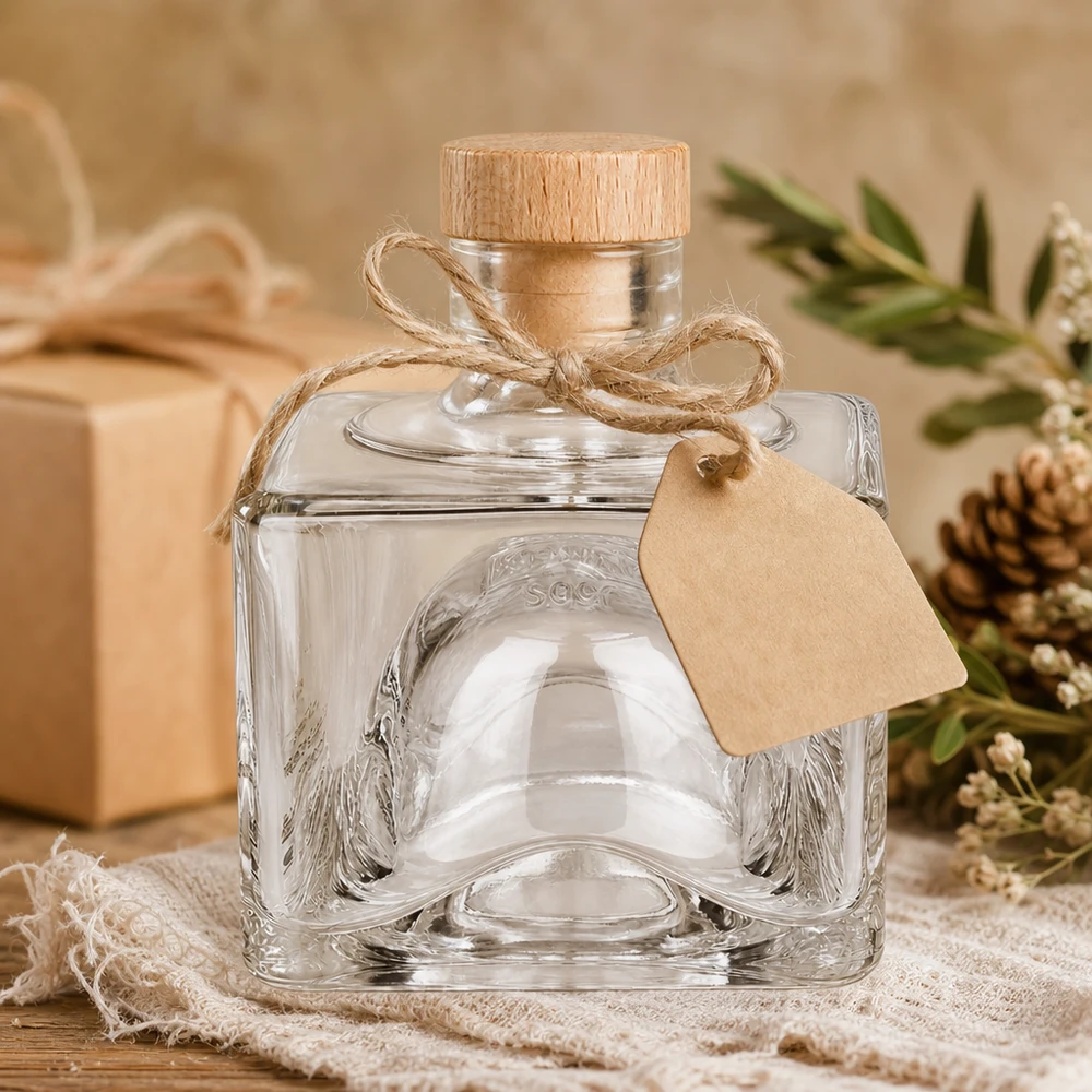 200 ml glazen fles Bob met houten kurk met handvat UNiTWIST® 200ml Glasflasche Bob als Geschenk verpackt, Holzkorken mit Jute-Schleife und Anhänger, festliche Dekoration