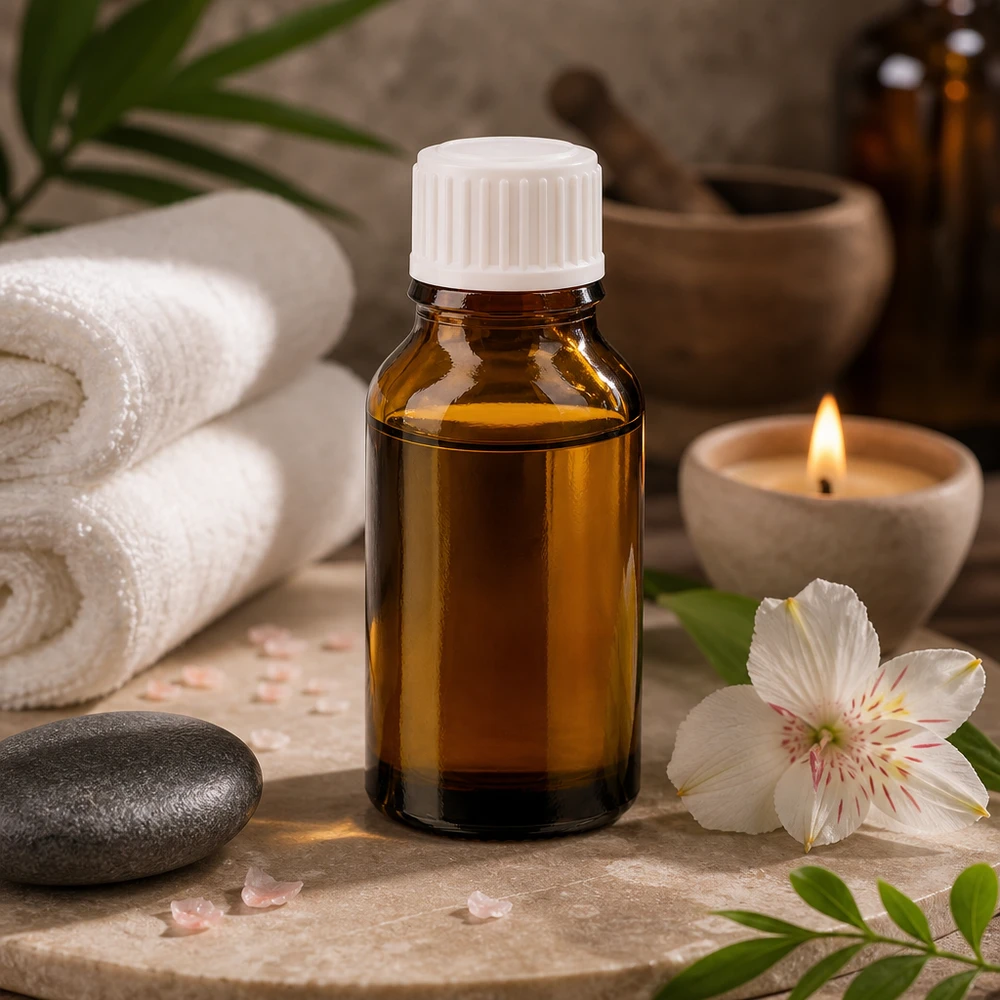 Compacte bruine glazen fles van 30 ml met standaard witte dop, ideaal voor aromatherapie