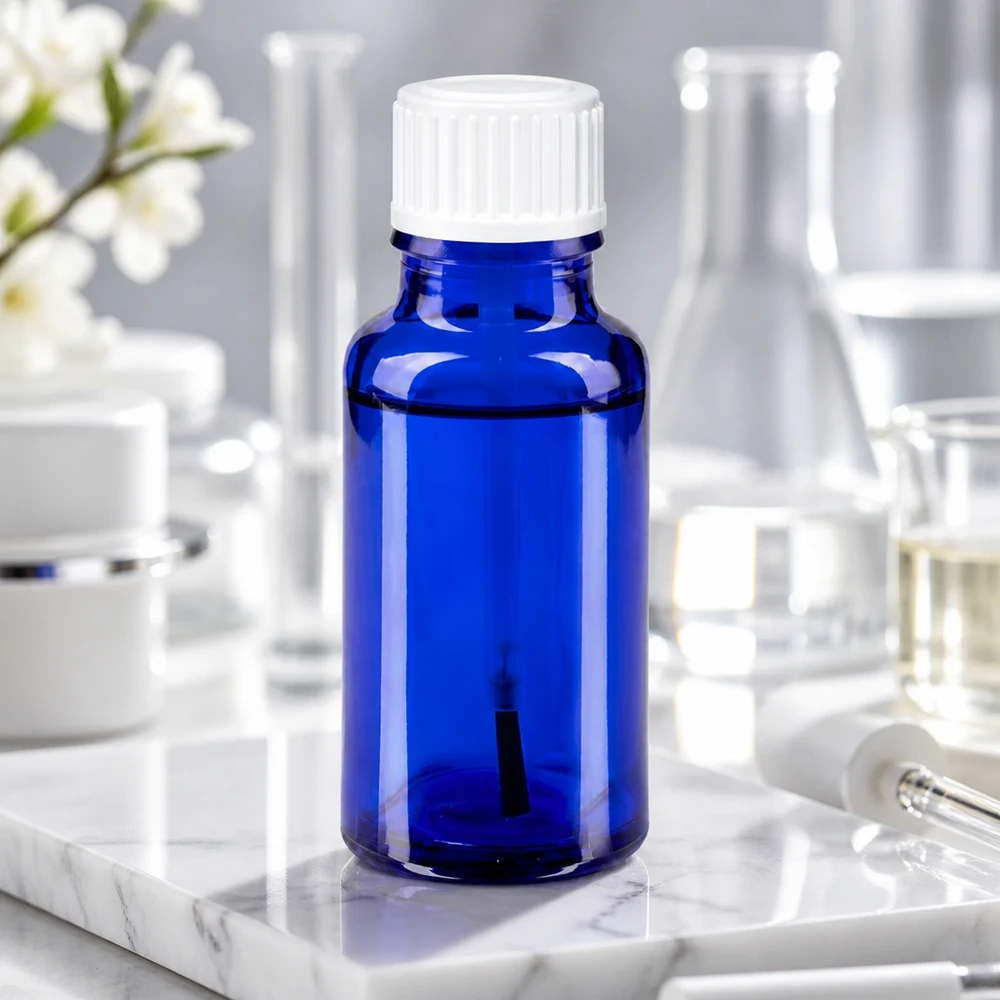 Blauwe glazen flesje van 20 ml STD voor etherische oliën met een witte kindveilige dop