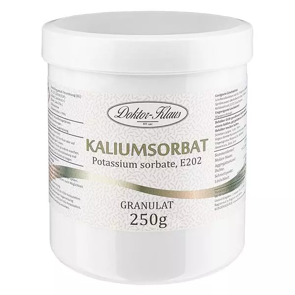 250 g kaliumsorbaat, in pot met witte schroefdop.