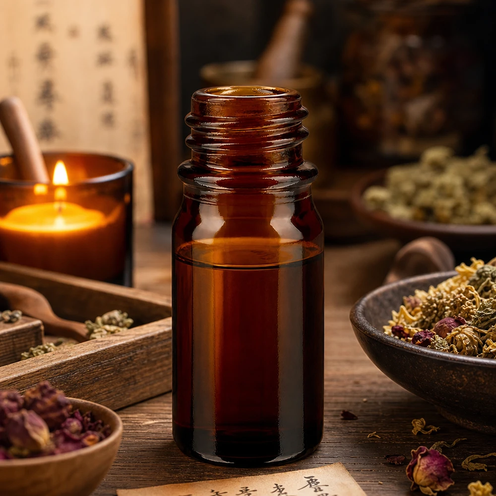5ml bruin apothekersflesje ApoGlas met Chinese kruiden karakters en traditionele geneeskunde kenmerken