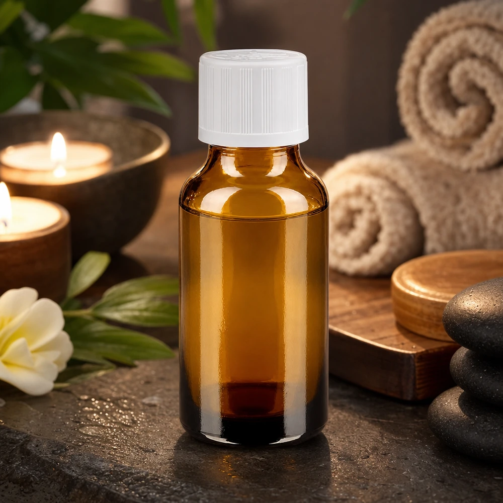 Apothekersflesje van 20 ml van lichtwerend bruin glas met een witte standaarddop met schroefdraad van 11 mm