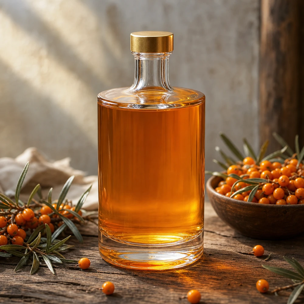 500ml glazen fles Sam UNiTWIST gouden dop gevuld met duindoornolie houten tafel duindoornbessen natuurlijke decoratie