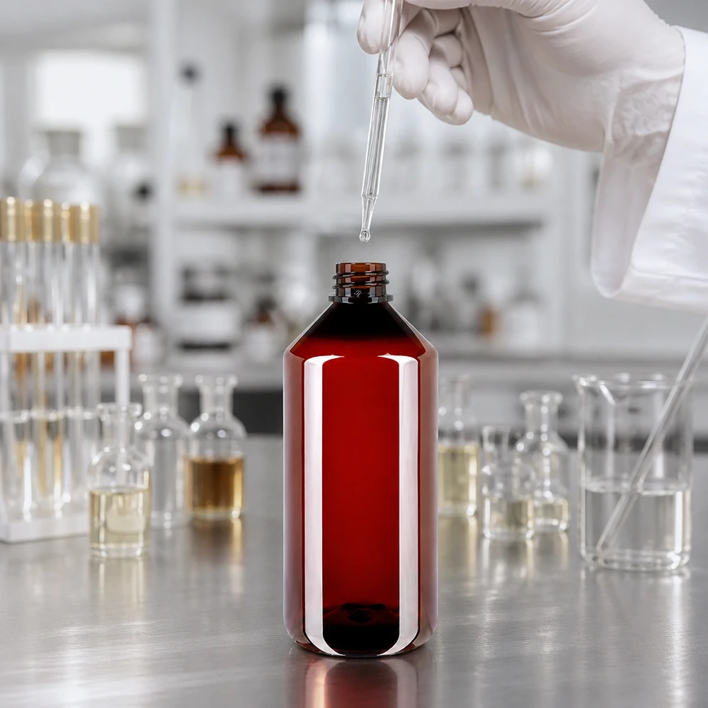 PET fles 1000ml met ontgassingsdop rood Professionele PET-laboratoriumfles van 1000 ml met ontgassingsdop op een roestvrijstalen werkblad