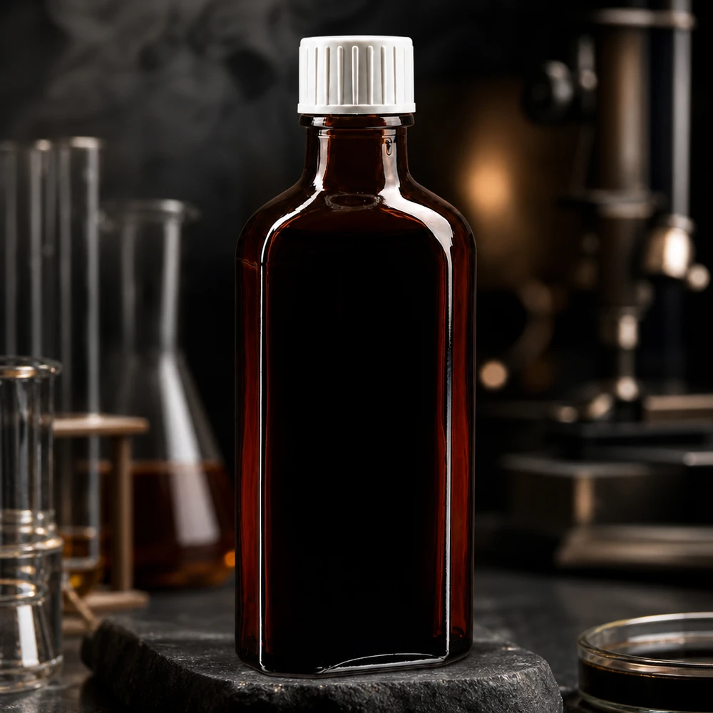 100 ml bruine meplatfles met DIN 22 monding, inclusief schroefsluiting DIN 22 wit met gietring Farmaceutische glazen fles van 100 ml, platte Meplat-vorm, bruin met witte schroefdop
