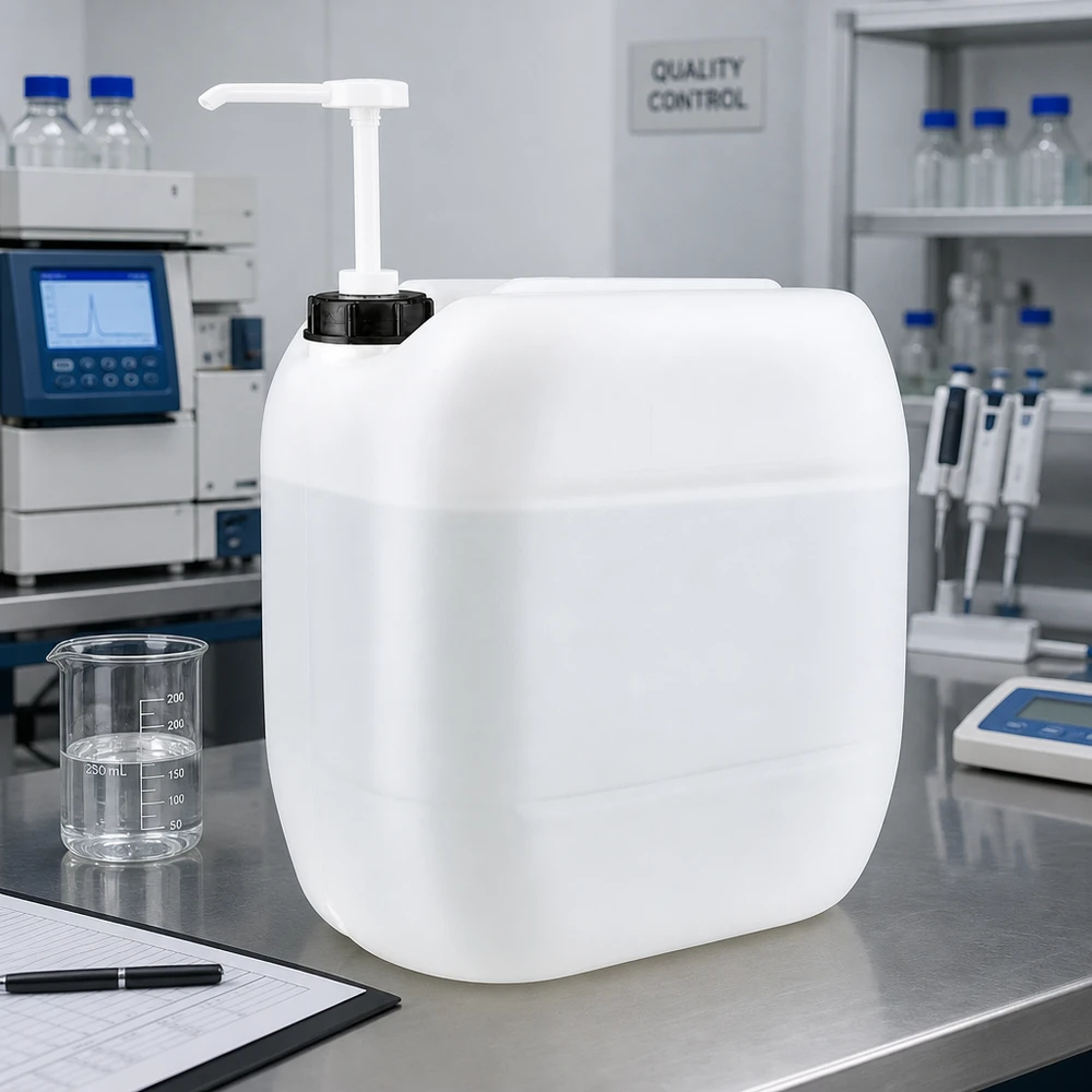 Stapelbare jerrycan van 30 liter met pompdispenser op een roestvrijstalen laboratoriumwerkblad