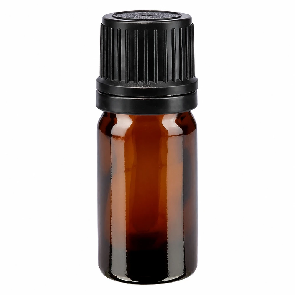 Bruine glazen fles 5ml met zwart schroefsluiting uitgietring VR Amberkleurig glazen flesje van 5 ml met een zwarte schroefdraad van 8 mm voor etherische oliën